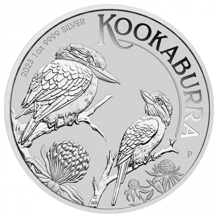 2023 1 oz Australian Kookaburra Silver Coin Front showing two Kookaburras perched on branches with waratah flowers around them