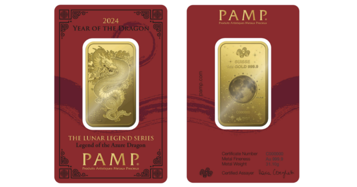PAMP Lunar New Year Gold Bars - 2024 Year of the Dragon - Lunar Legend Series, Legend of the Azure Dragon