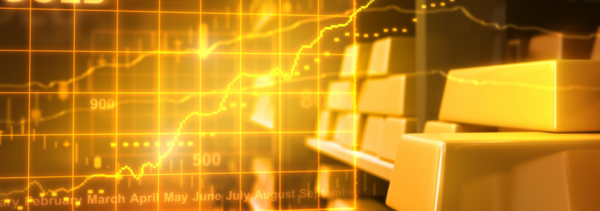 What is a Gold Exchange? image of gold bars on a shelf with graph representing increasing gold prices