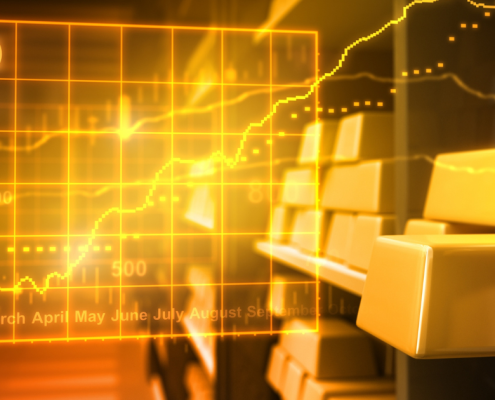 What is a Gold Exchange? image of gold bars on a shelf with graph representing increasing gold prices