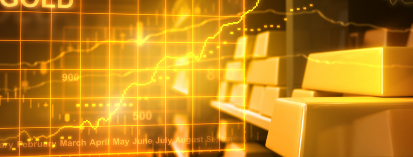 What is a Gold Exchange? image of gold bars on a shelf with graph representing increasing gold prices