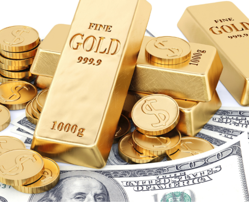 Where Can I Sell My Gold that I Bought from Costco? gold bars and coins piled on $100 bills