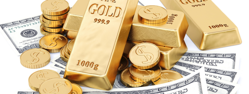 Where Can I Sell My Gold that I Bought from Costco? gold bars and coins piled on $100 bills