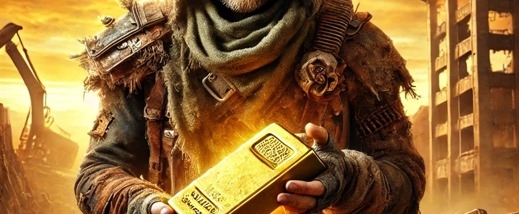 post apocalyptic survivor holding a bar of gold