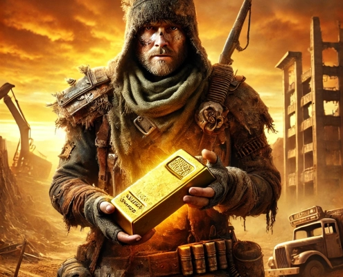 post apocalyptic survivor holding a bar of gold