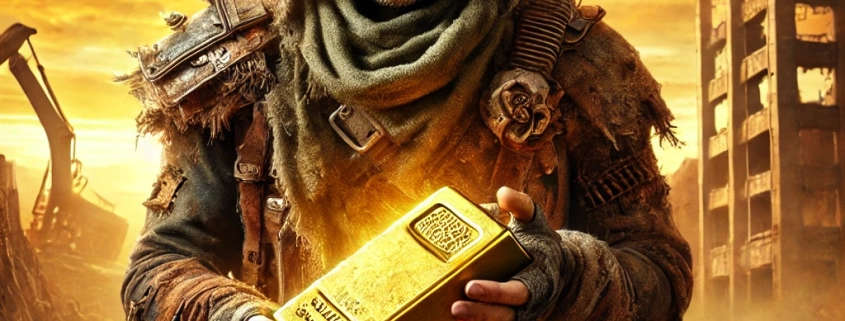 post apocalyptic survivor holding a bar of gold