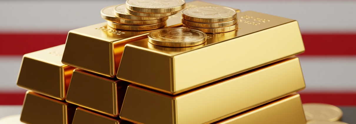 For a blog post titled “Is it Illegal for Americans to Own Gold Bullion?” A shiny stack of gold bars or coins, polished and gleaming. An American flag subtly blurred in the background (symbolizing U.S. law and history).