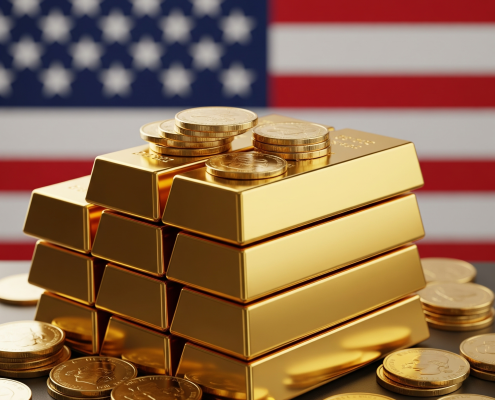 For a blog post titled “Is it Illegal for Americans to Own Gold Bullion?” A shiny stack of gold bars or coins, polished and gleaming. An American flag subtly blurred in the background (symbolizing U.S. law and history).