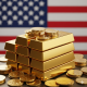 For a blog post titled “Is it Illegal for Americans to Own Gold Bullion?” A shiny stack of gold bars or coins, polished and gleaming. An American flag subtly blurred in the background (symbolizing U.S. law and history).