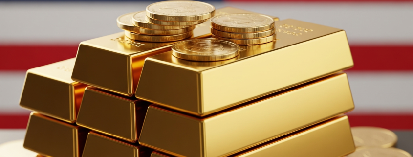 For a blog post titled “Is it Illegal for Americans to Own Gold Bullion?” A shiny stack of gold bars or coins, polished and gleaming. An American flag subtly blurred in the background (symbolizing U.S. law and history).