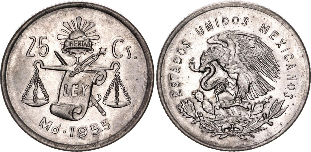 1950-1953 25 Centavos front and back