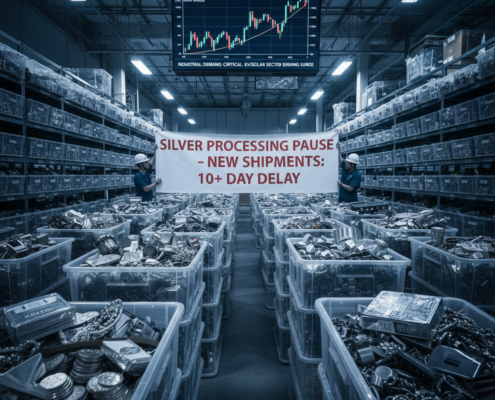 Industrial silver refinery warehouse showing a backlog of scrap metal bins and a digital sign indicating a processing pause.