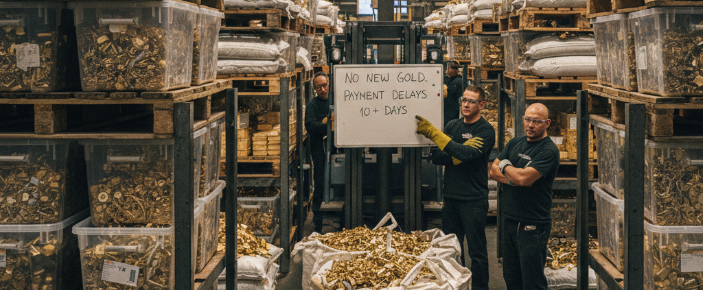 Industrial gold refinery warehouse showing a backlog of scrap metal bins and a digital sign indicating a processing pause.
