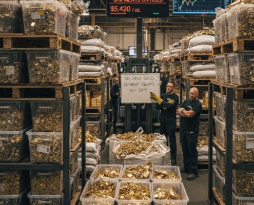 Industrial gold refinery warehouse showing a backlog of scrap metal bins and a digital sign indicating a processing pause.
