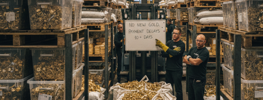 Industrial gold refinery warehouse showing a backlog of scrap metal bins and a digital sign indicating a processing pause.