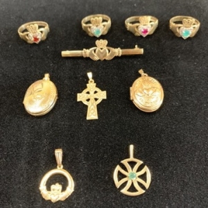 Irish gold pendants and rings